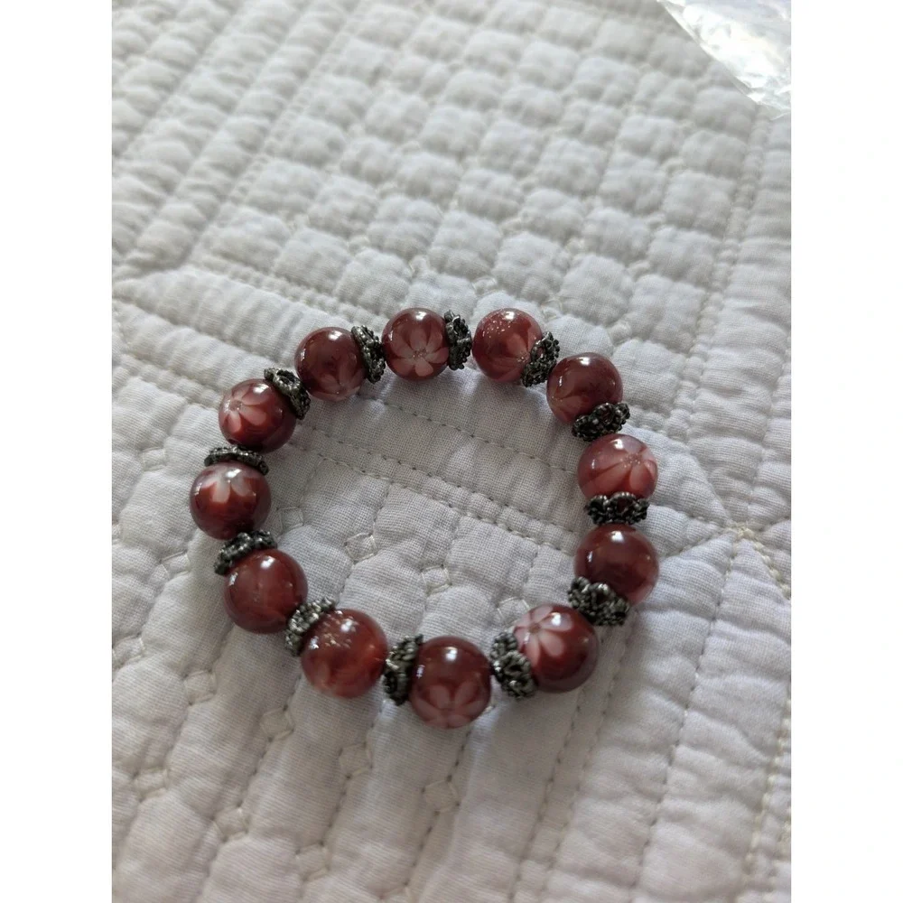 Vintage Stretch Bracelet Flower Daisy Flowers Antique Silver Burgundy Beads New